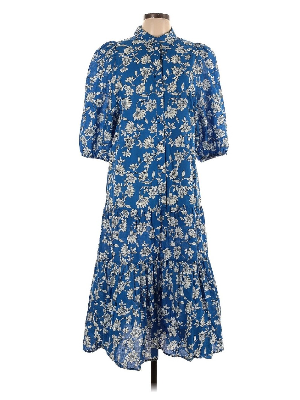 Zara Blue and White Floral Midi Dress with Puff Sleeves